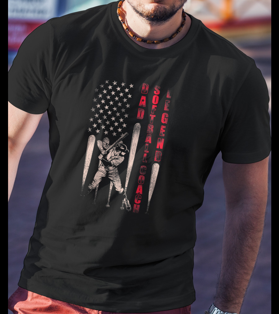 Dad Softball Coach Legend Distressed Flag Baseball Player Iconic American T-Shirt