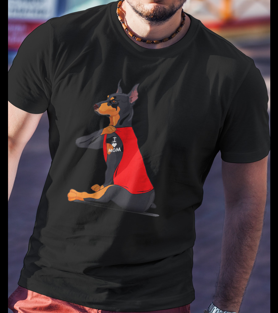 Doberman With Red Shirt And I Love Mom Tattoo T-Shirt