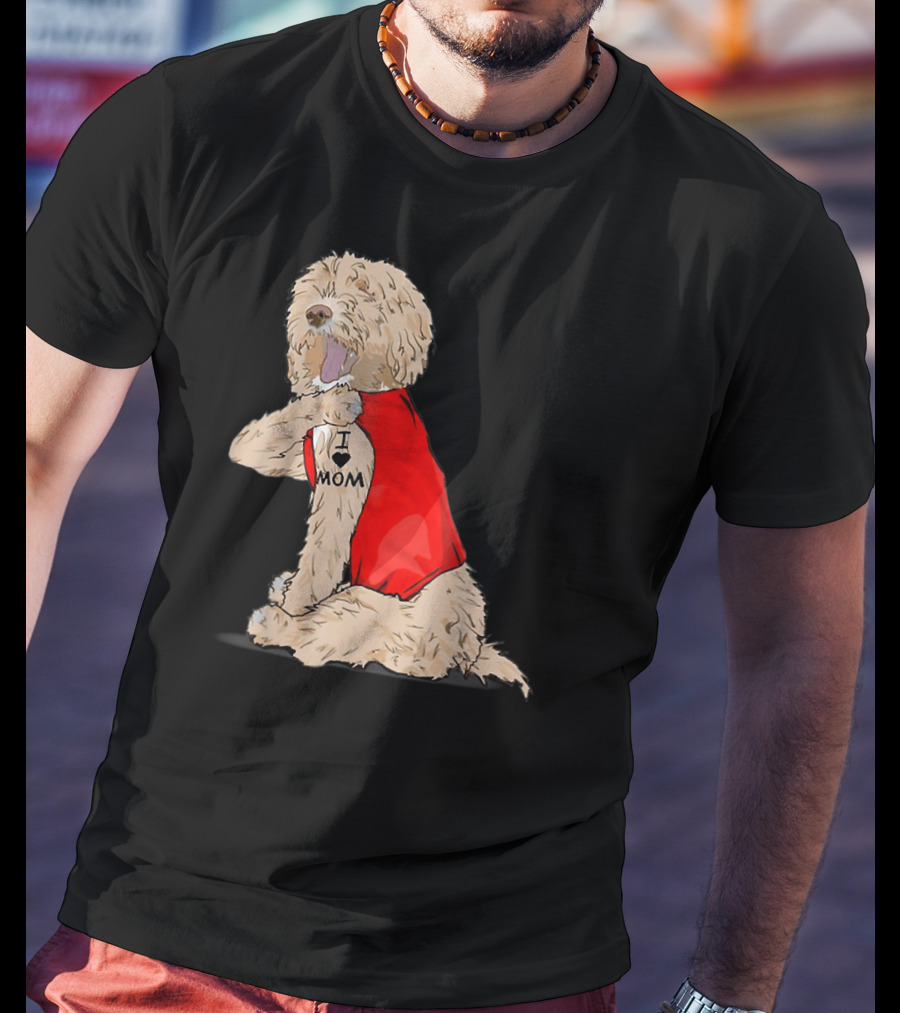 Labradoodle I Love Mom Tattoo Funny Dog In Red Vest Sitting Pose T-Shirt