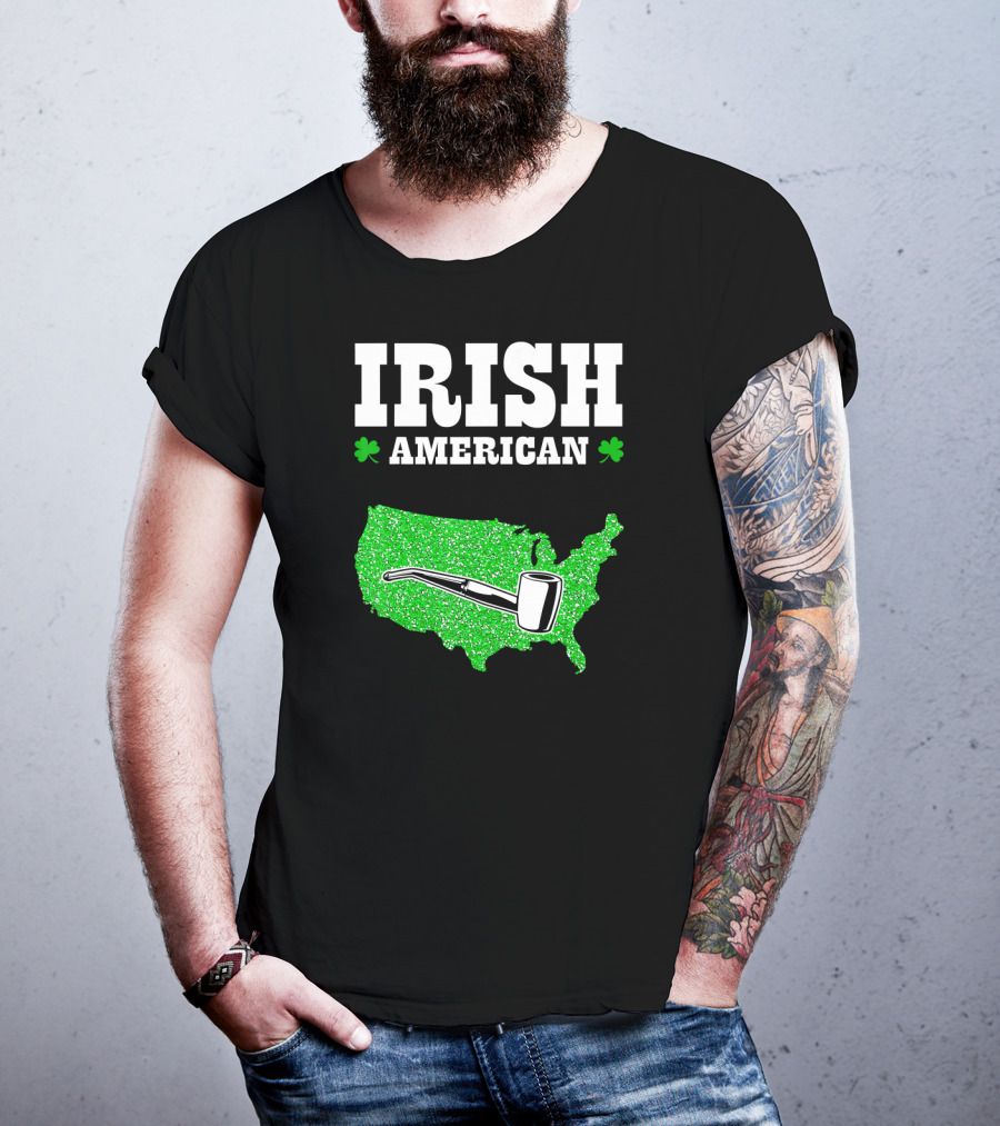 Irish American Shamrock Map With Pipe St Patrick's Day T-Shirt