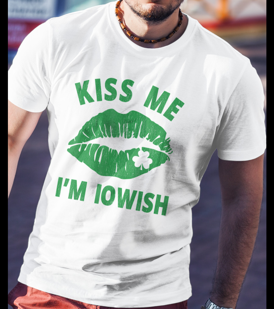 Kiss Me I'm Iowish St Patrick's Day Green Lips With Clover T-Shirt