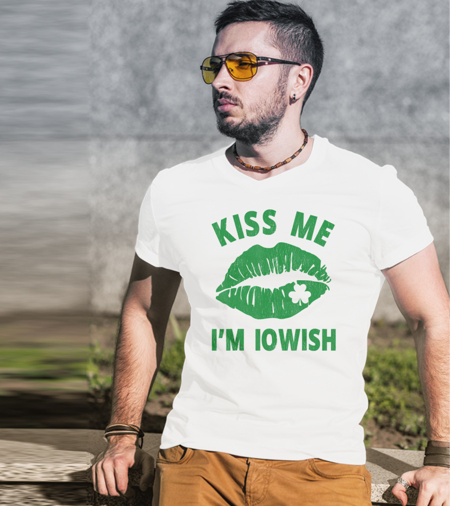 Kiss Me I'm Iowish St Patrick's Day Green Lips With Clover T-Shirt