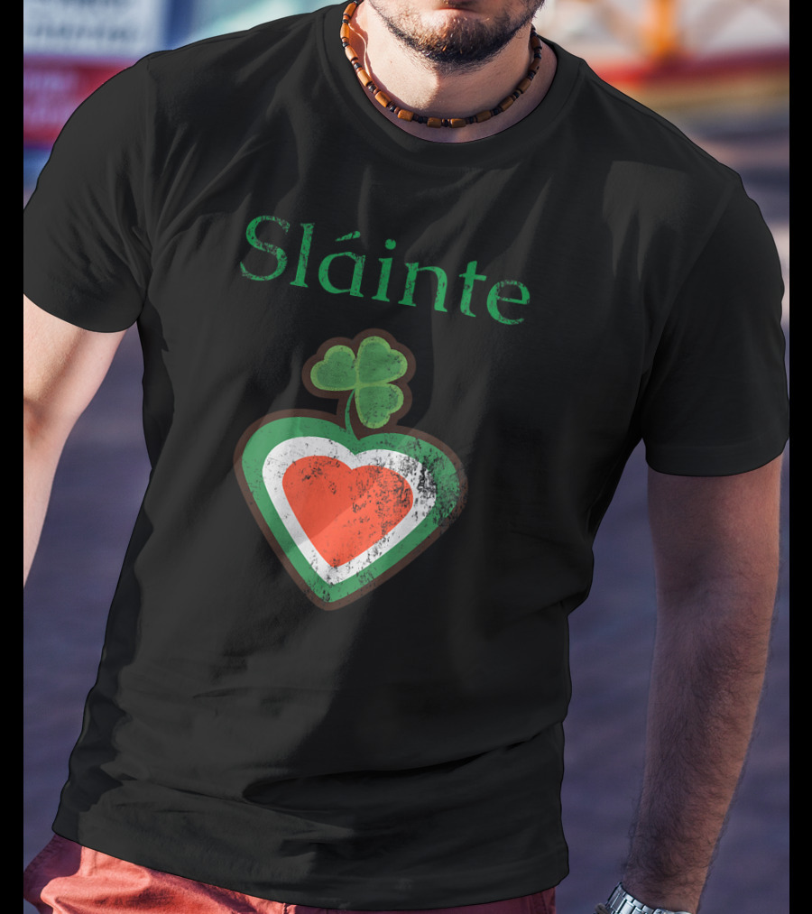 Sláinte Irish Shamrock Heart Green White Red T-Shirt