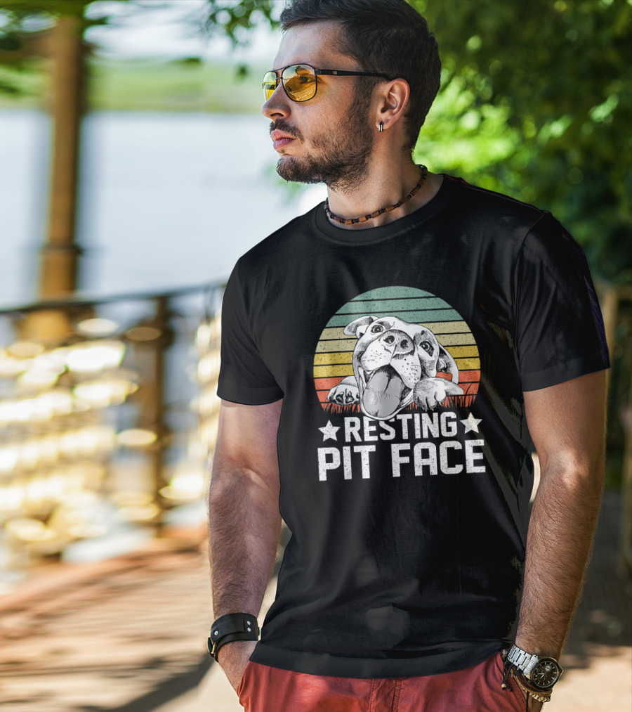 Vintage Resting Pit Face Pitbull Retro Sunset T-Shirt