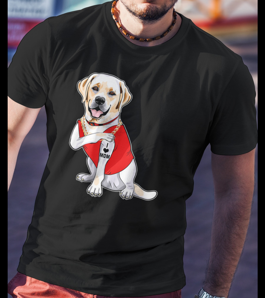 Labrador Retriever I Love Mom Tattoo Red Shirt Gold Chain T-Shirt