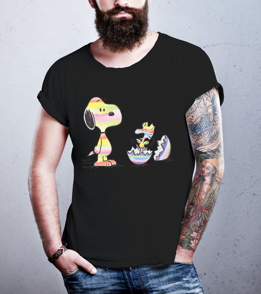 Peanuts Snoopy Woodstock Colorful Easter Egg Stripes T-Shirt