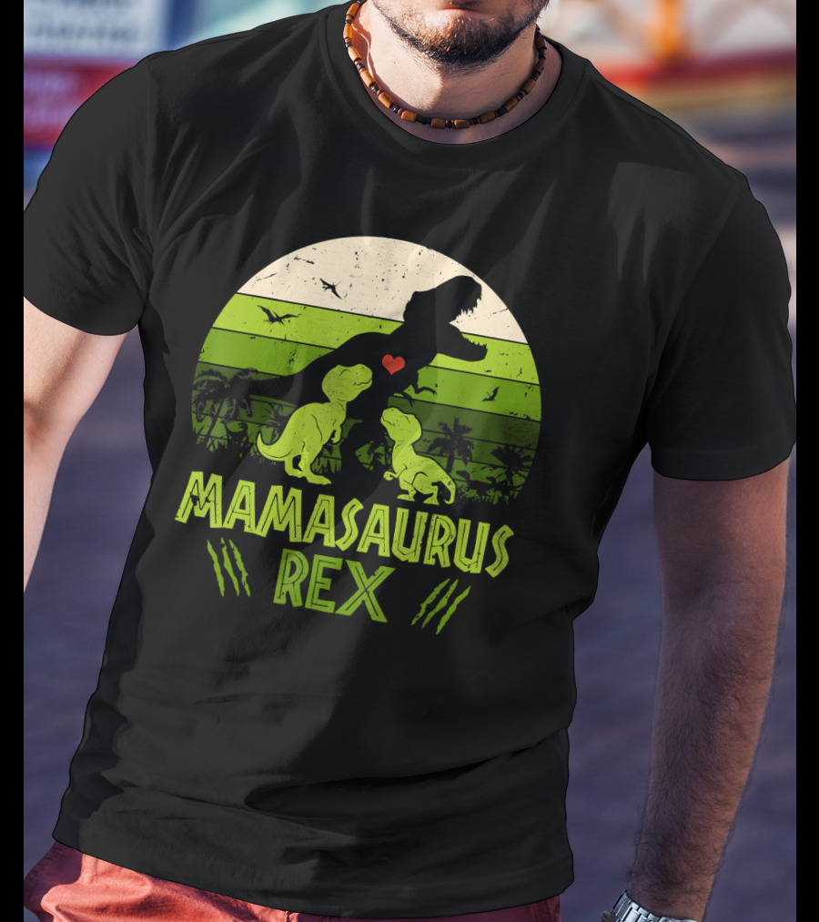 Mamasaurus Rex Dinosaur Lover Heart Jungle Scene With Two Kids T-Shirt