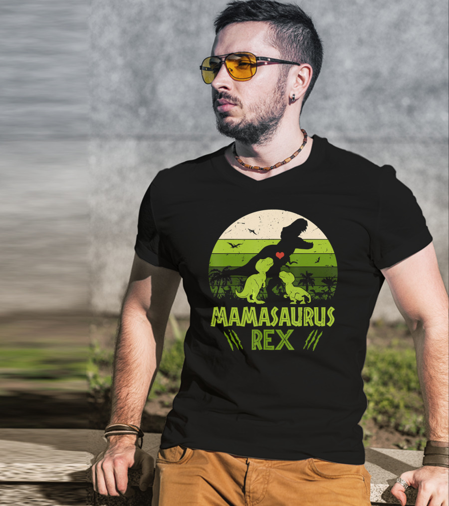 Mamasaurus Rex Dinosaur Lover Heart Jungle Scene With Two Kids T-Shirt