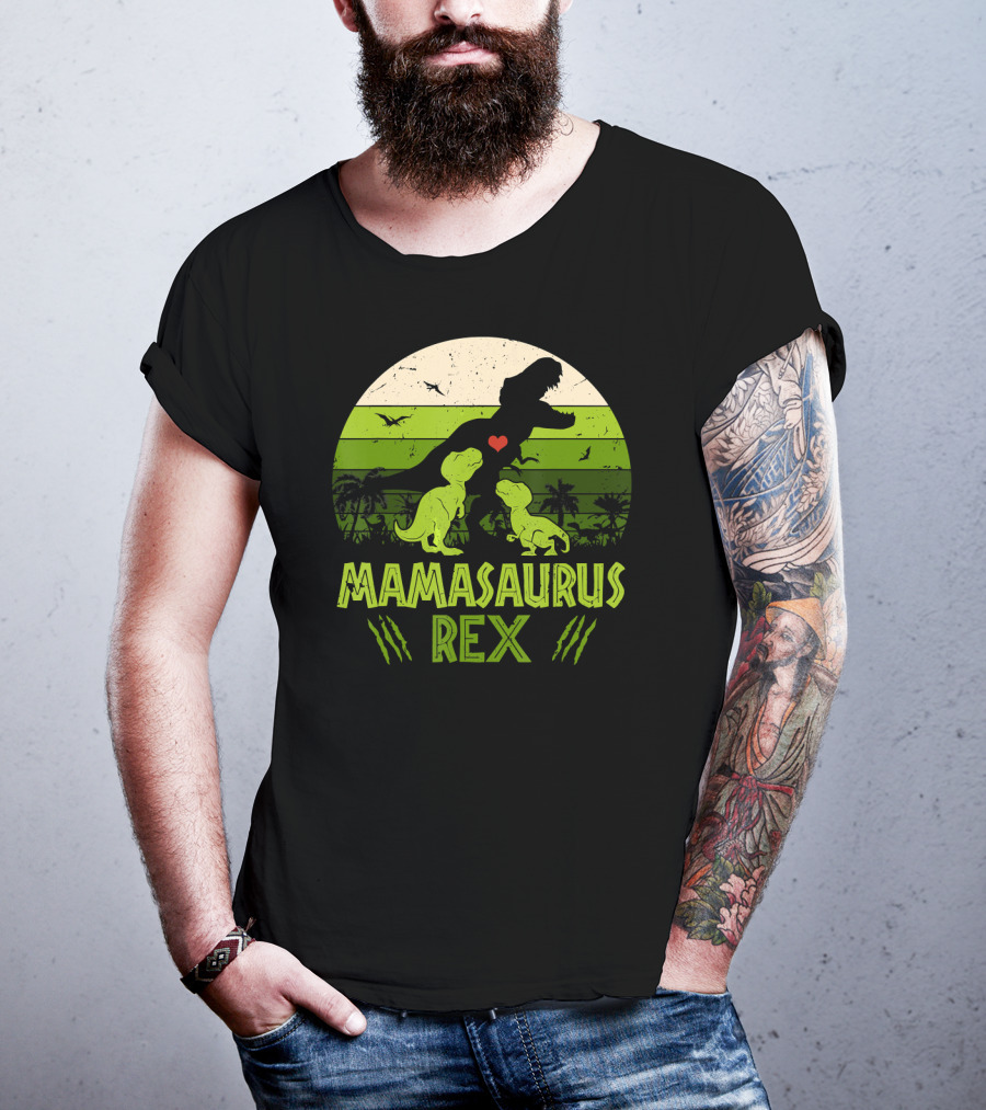 Mamasaurus Rex Dinosaur Lover Heart Jungle Scene With Two Kids T-Shirt