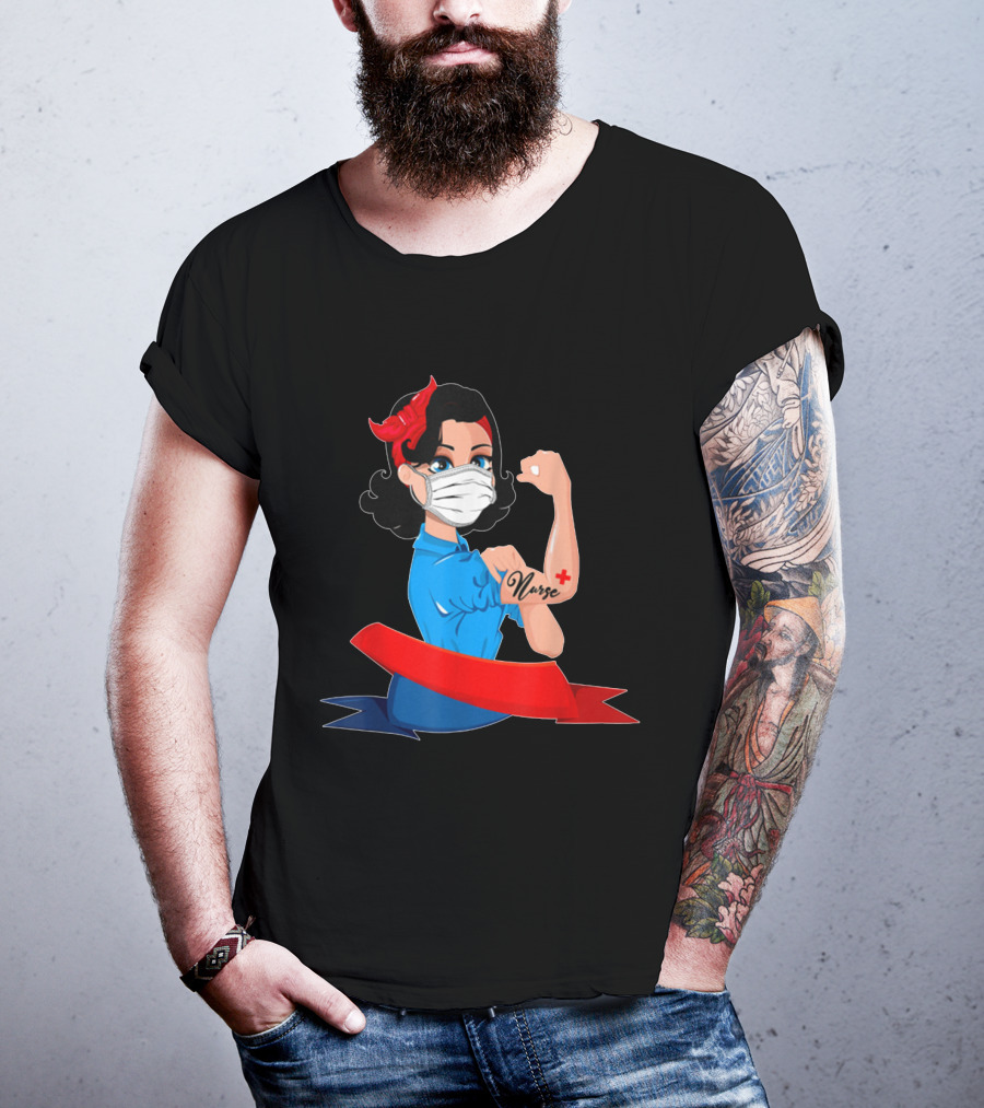 Rosie The Riveter Strong Nurse Mask Tattoo T-Shirt