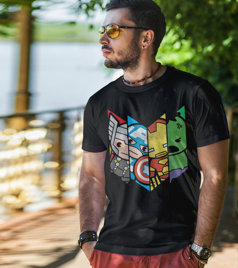 Marvel Avengers Cartoon Thor Captain America Iron Man Hulk Shield T-Shirt