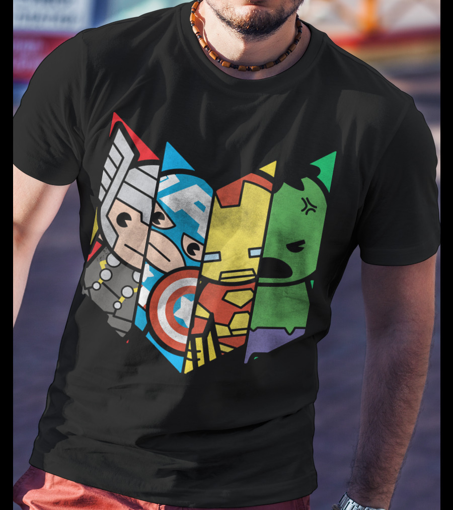 Marvel Avengers Cartoon Thor Captain America Iron Man Hulk Shield T-Shirt