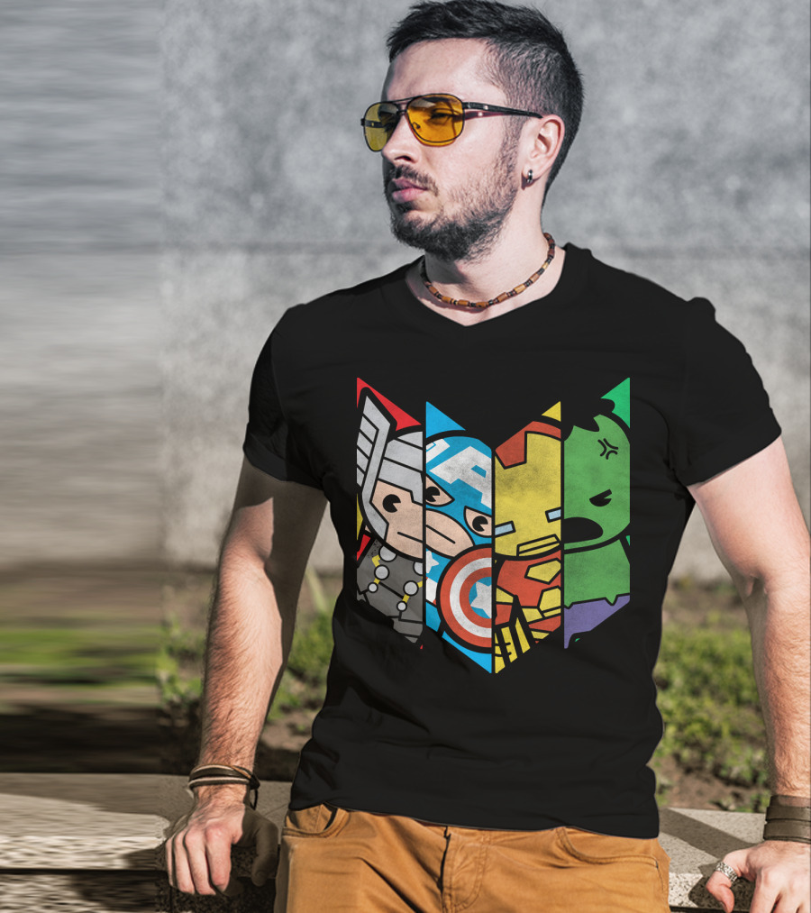 Marvel Avengers Cartoon Thor Captain America Iron Man Hulk Shield T-Shirt