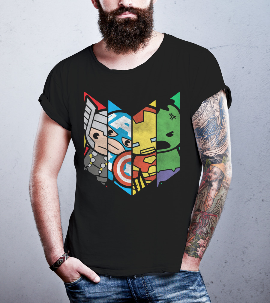 Marvel Avengers Cartoon Thor Captain America Iron Man Hulk Shield T-Shirt