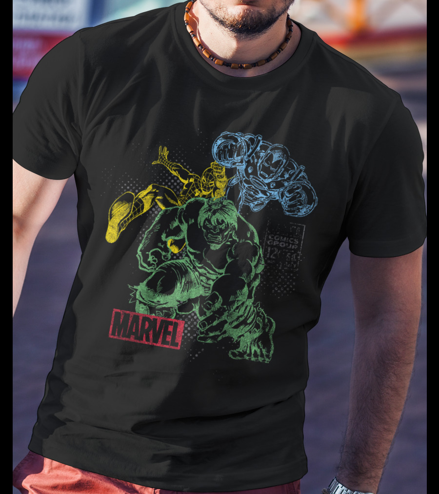 Marvel Hulk Iron Man Spider-Man Vintage Comic Group T-Shirt