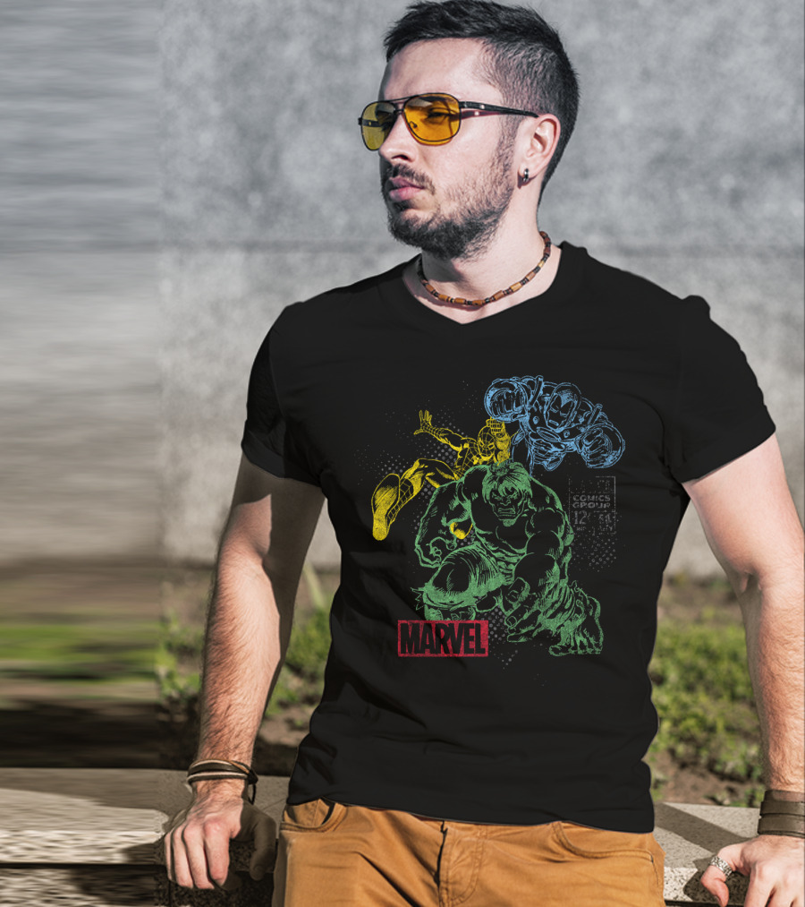 Marvel Hulk Iron Man Spider-Man Vintage Comic Group T-Shirt