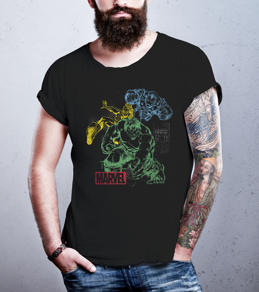 Marvel Hulk Iron Man Spider-Man Vintage Comic Group T-Shirt