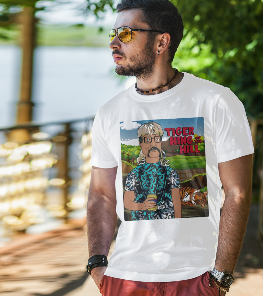 Tiger King Of The Hill In Cartoon Style With Tiger And Guy Holding Drink T-Shirt