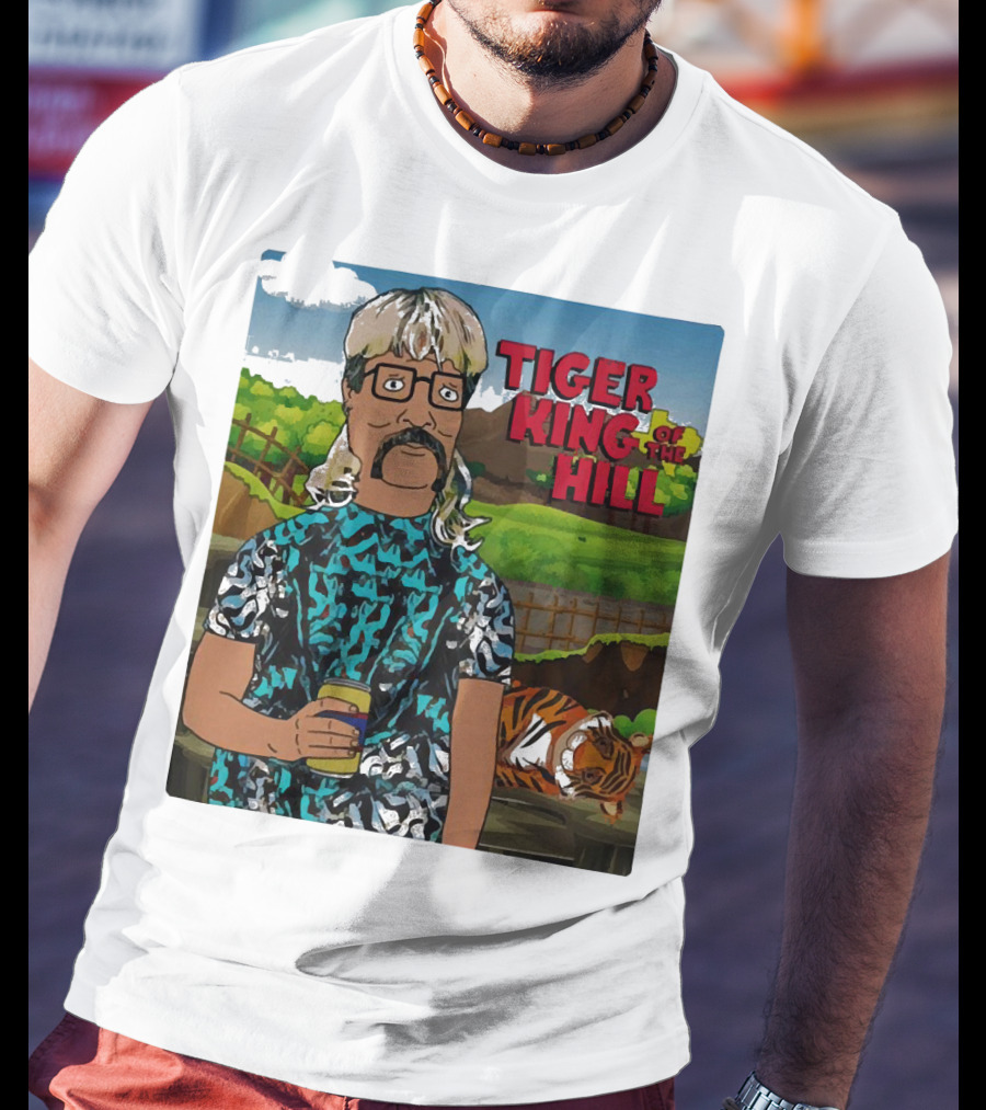 Tiger King Of The Hill In Cartoon Style With Tiger And Guy Holding Drink T-Shirt