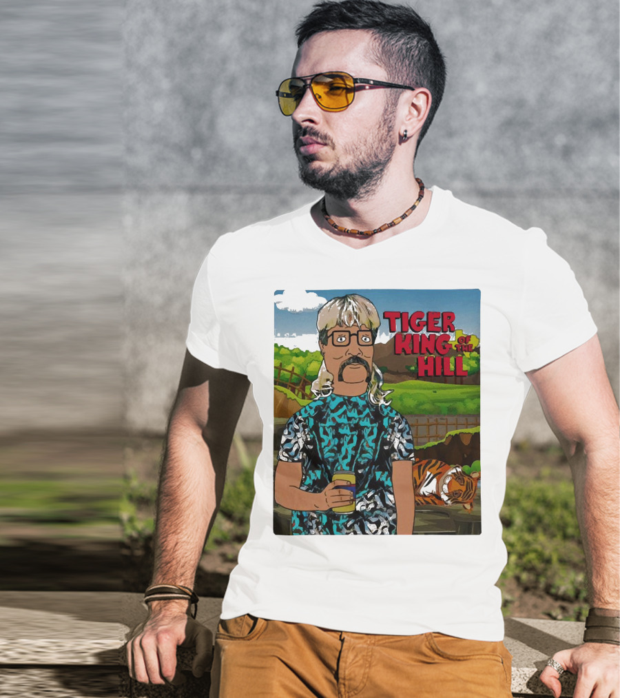 Tiger King Of The Hill In Cartoon Style With Tiger And Guy Holding Drink T-Shirt