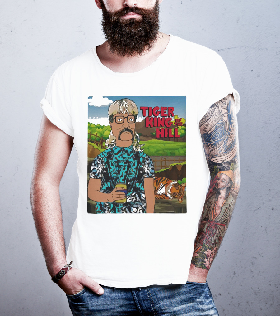 Tiger King Of The Hill In Cartoon Style With Tiger And Guy Holding Drink T-Shirt
