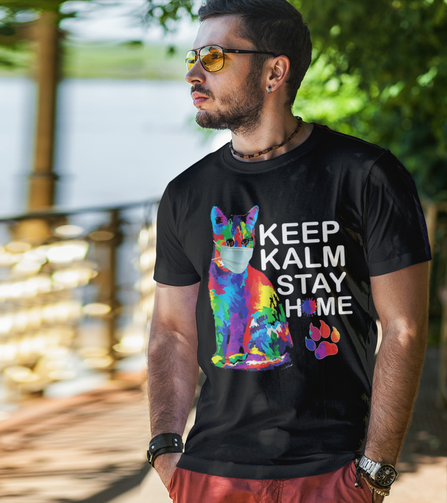Colorful Masked Cat Keep Kalm Stay Home Ladies T-Shirt