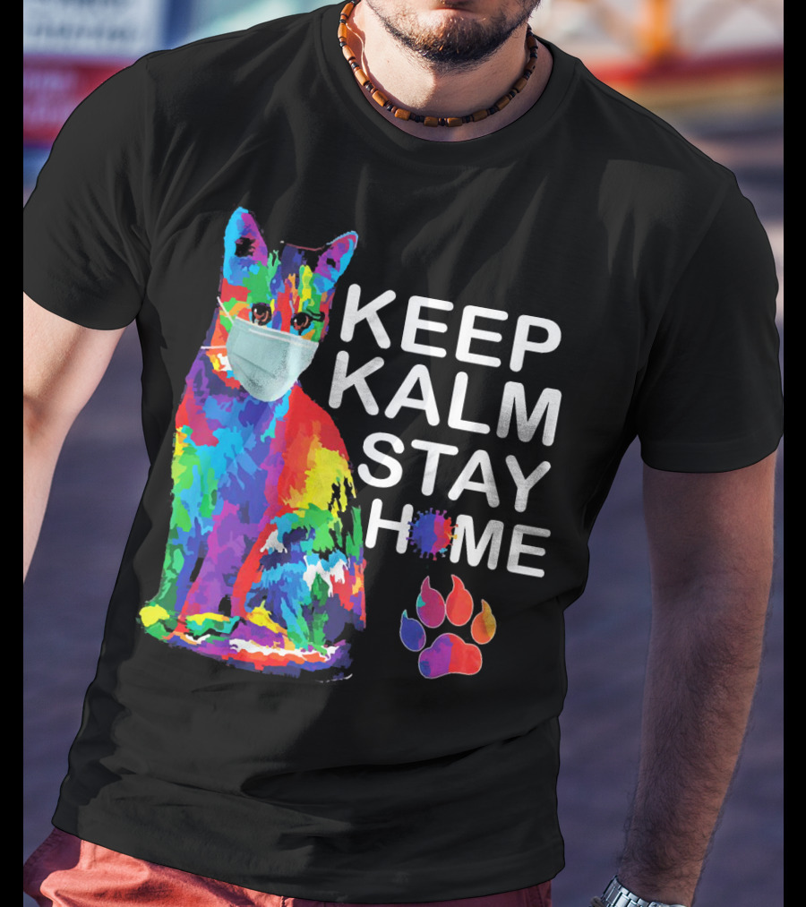Colorful Masked Cat Keep Kalm Stay Home Ladies T-Shirt