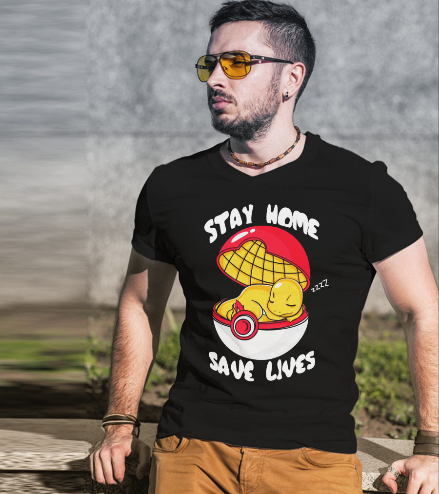 Stay Home Save Lives Charmander Pokemon Ladies Pokeball Zzzz T-Shirt