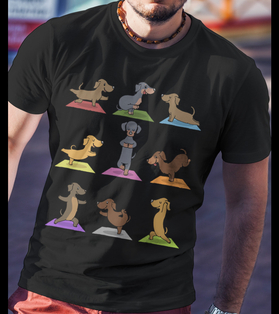 Dachshund Yoga Funny Dachshund Poses On Colorful Mats 227 T-Shirt