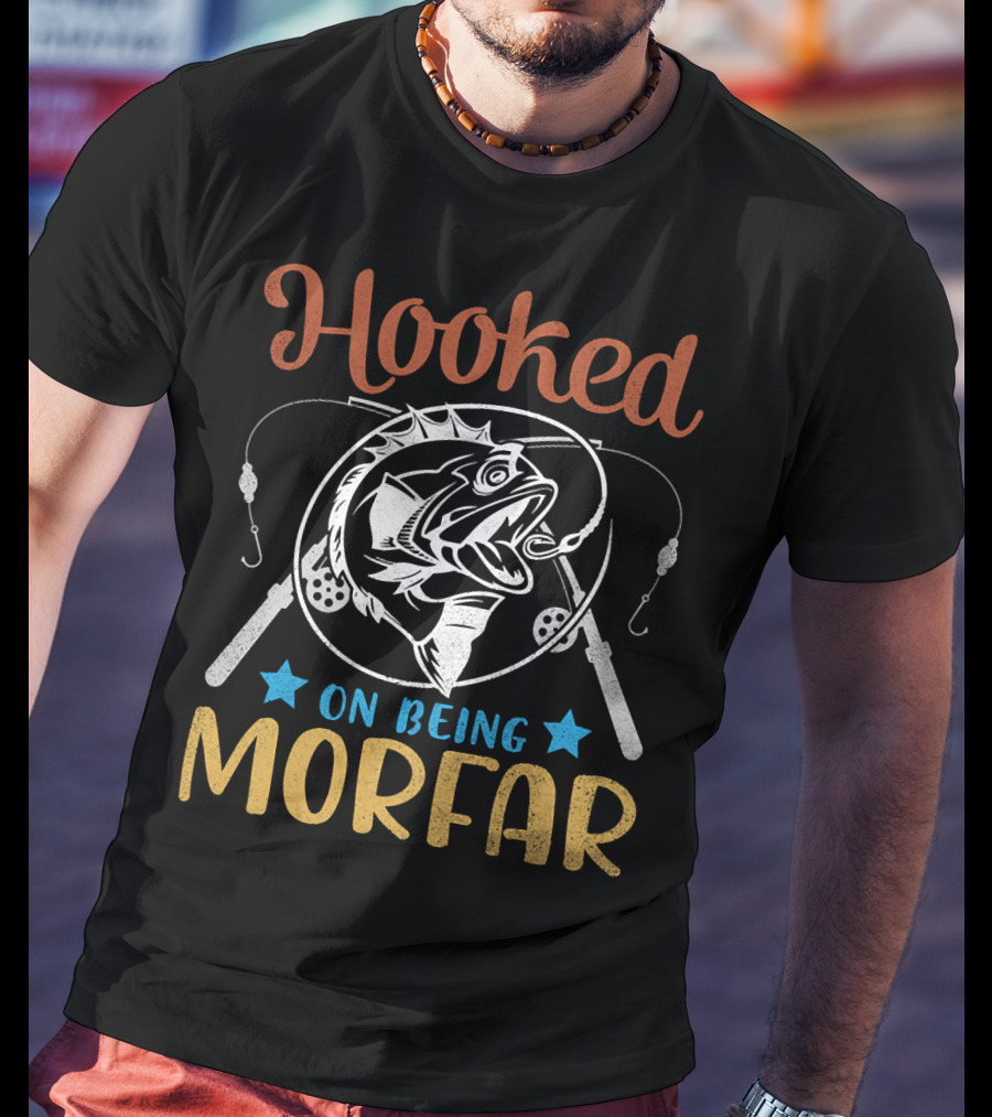 Hooked On Being Morfar Happy Fisher Grandpa 186 Fishing Rods And Stars T-Shirt