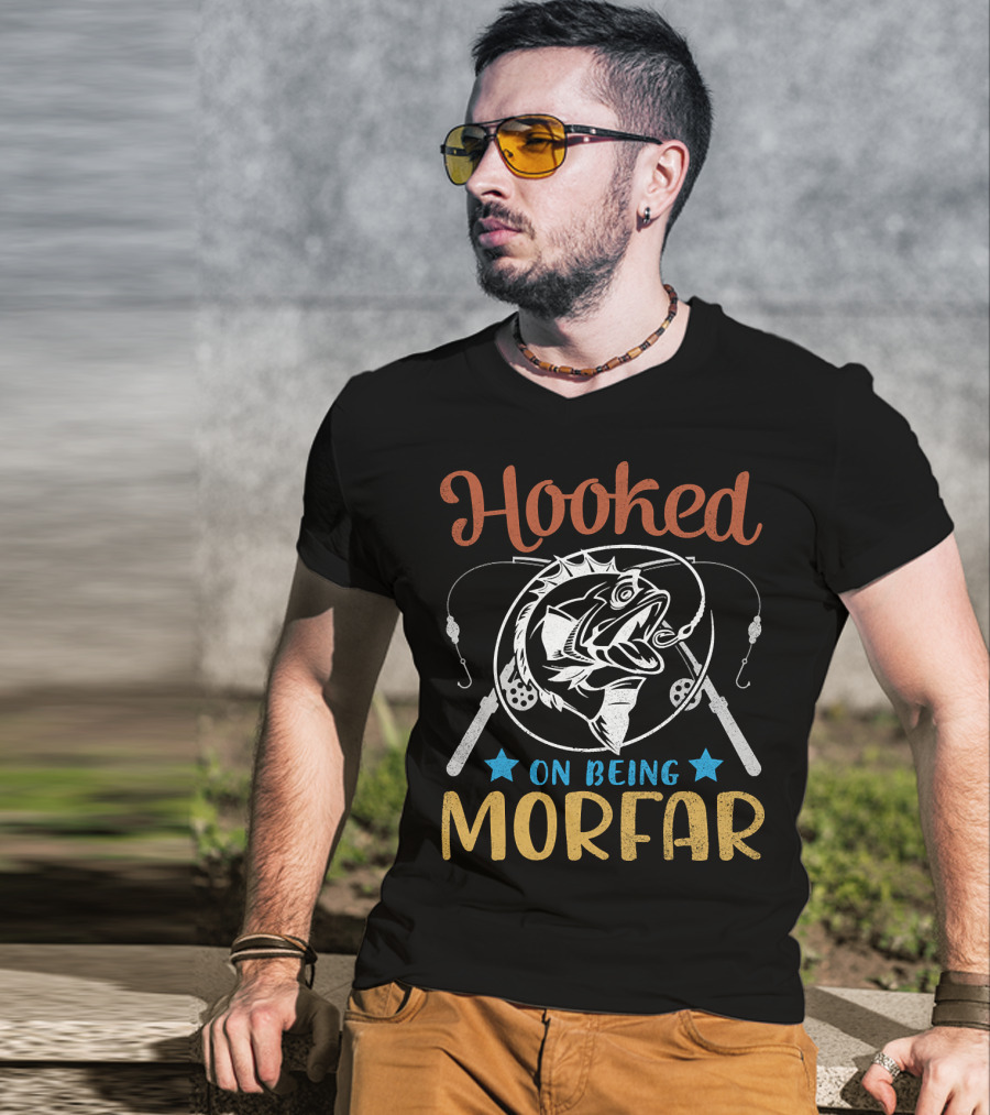 Hooked On Being Morfar Happy Fisher Grandpa 186 Fishing Rods And Stars T-Shirt