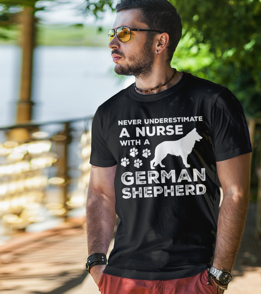 Never Underestimate A Nurse With A German Shepherd And Paw Prints T-Shirt