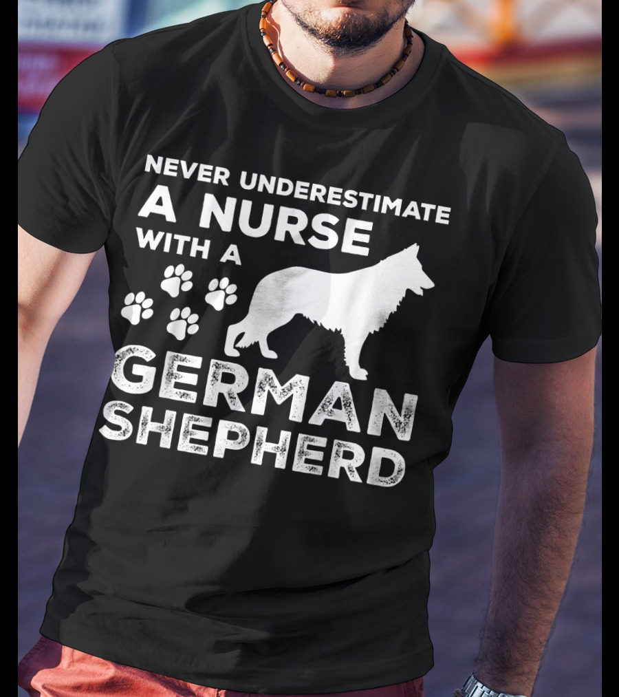 Never Underestimate A Nurse With A German Shepherd And Paw Prints T-Shirt