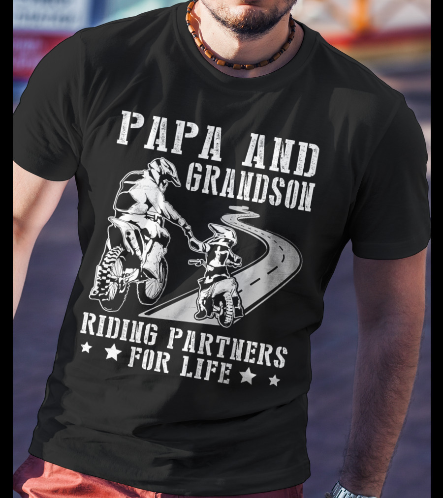 Papa And Grandson Riding Partners For Life Happy Motor Rider Road Adventure T-Shirt