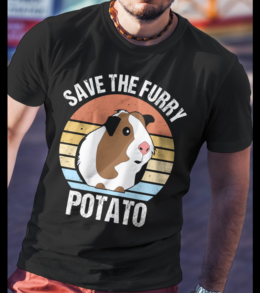 Save The Furry Potato Funny Guinea Pig Retro Sunset 181 T-Shirt