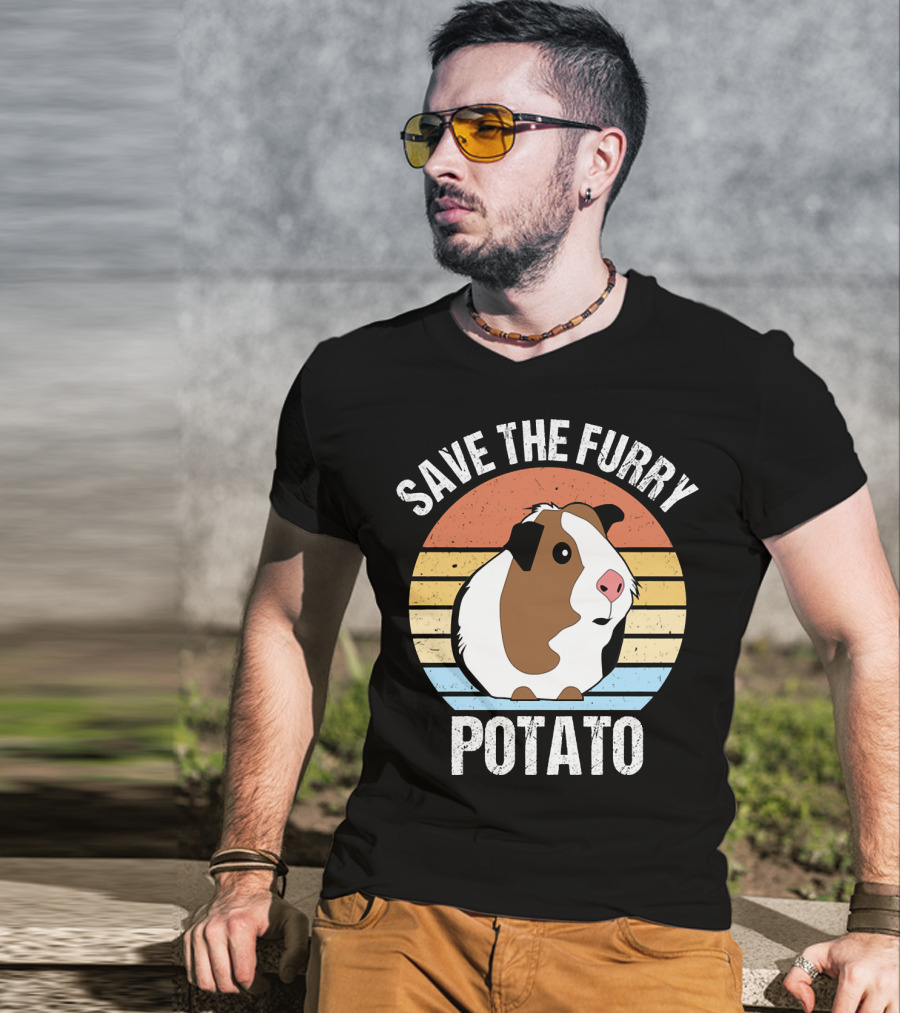 Save The Furry Potato Funny Guinea Pig Retro Sunset 181 T-Shirt