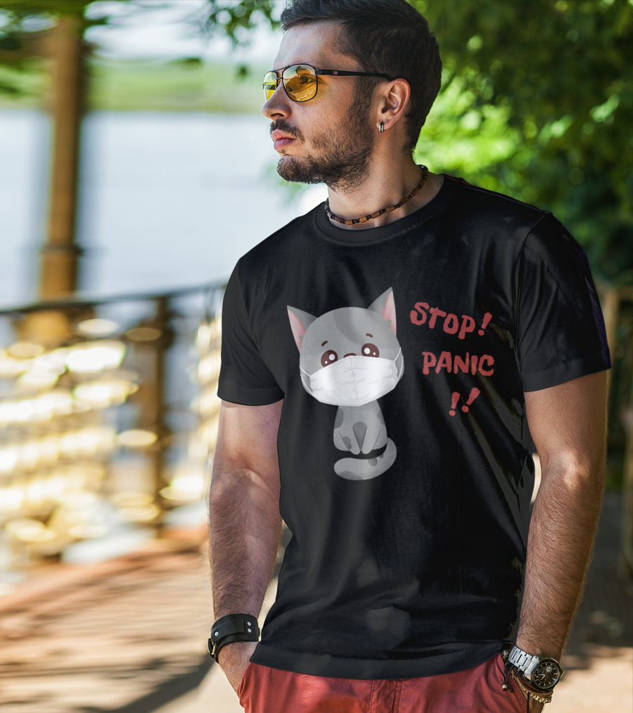 STOP PANIC Masked Cat Alert T-Shirt