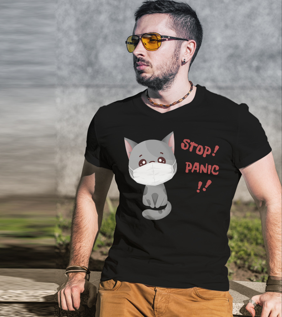STOP PANIC Masked Cat Alert T-Shirt