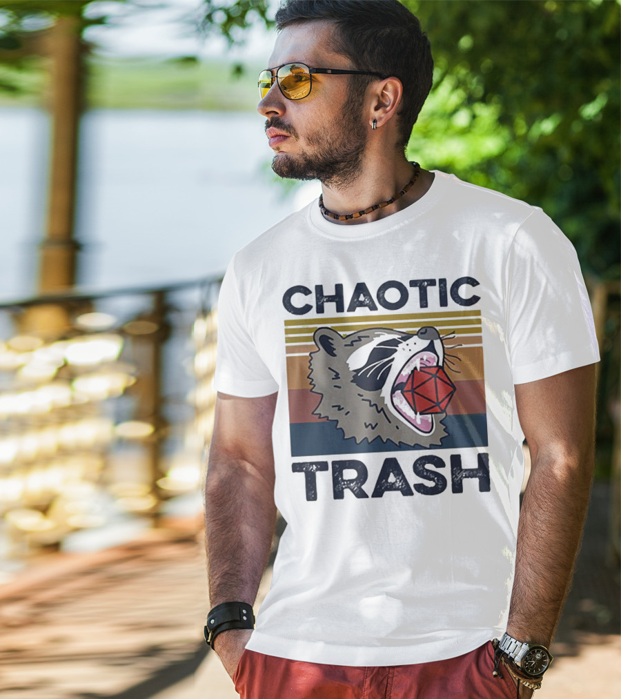 Chaotic Trash Game Raccoon D20 Dice Retro Stripes T-Shirt