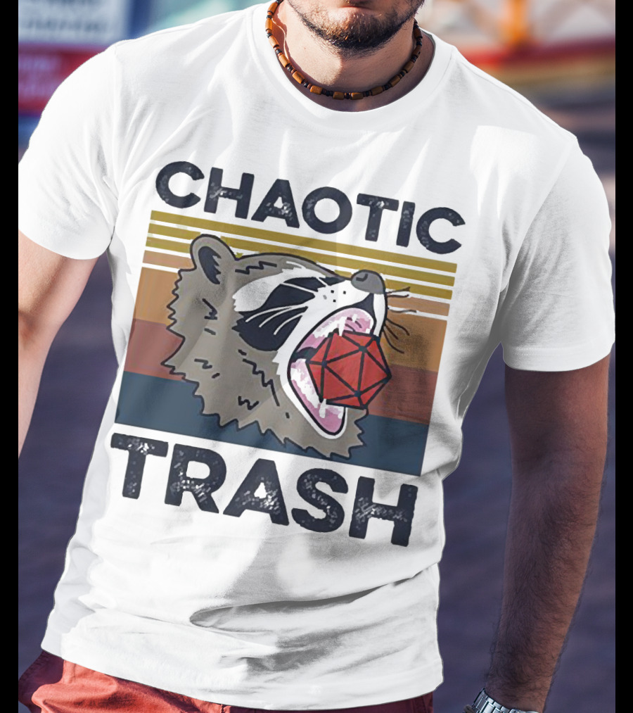 Chaotic Trash Game Raccoon D20 Dice Retro Stripes T-Shirt