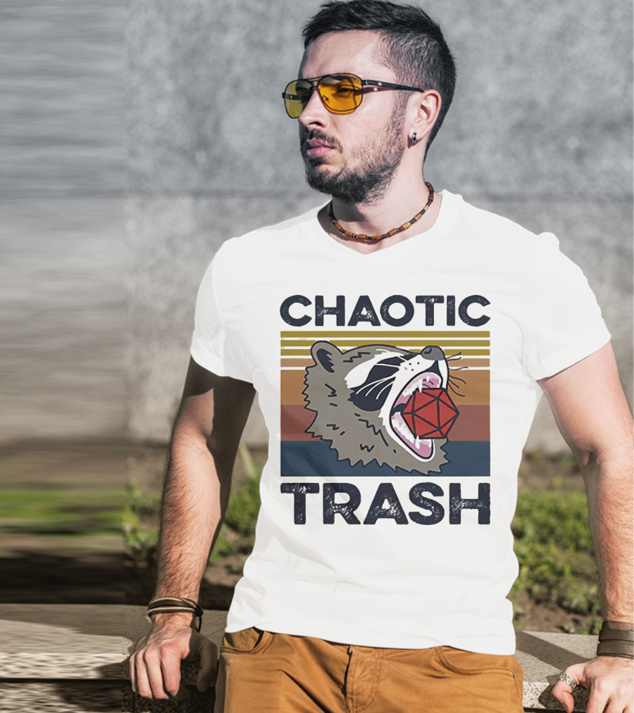 Chaotic Trash Game Raccoon D20 Dice Retro Stripes T-Shirt