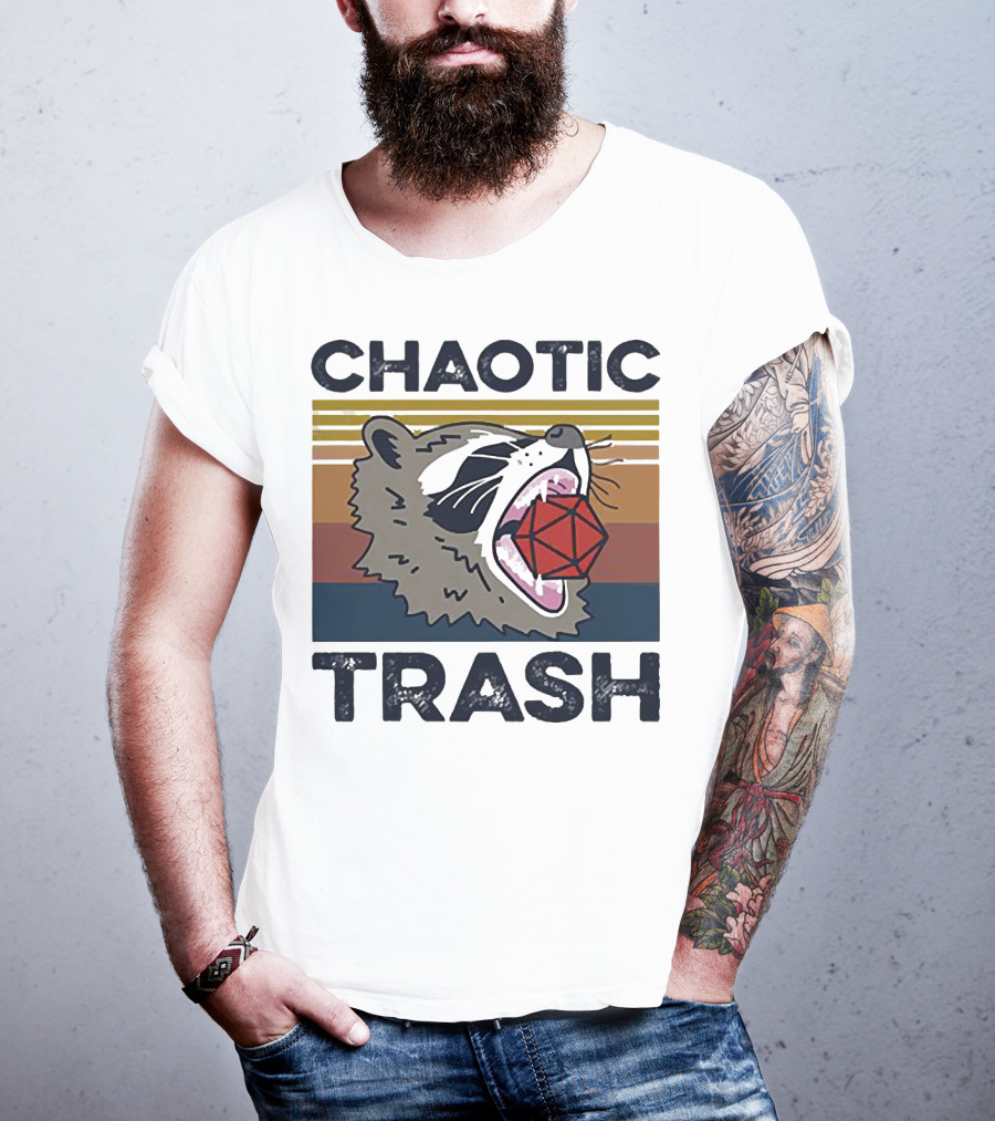 Chaotic Trash Game Raccoon D20 Dice Retro Stripes T-Shirt