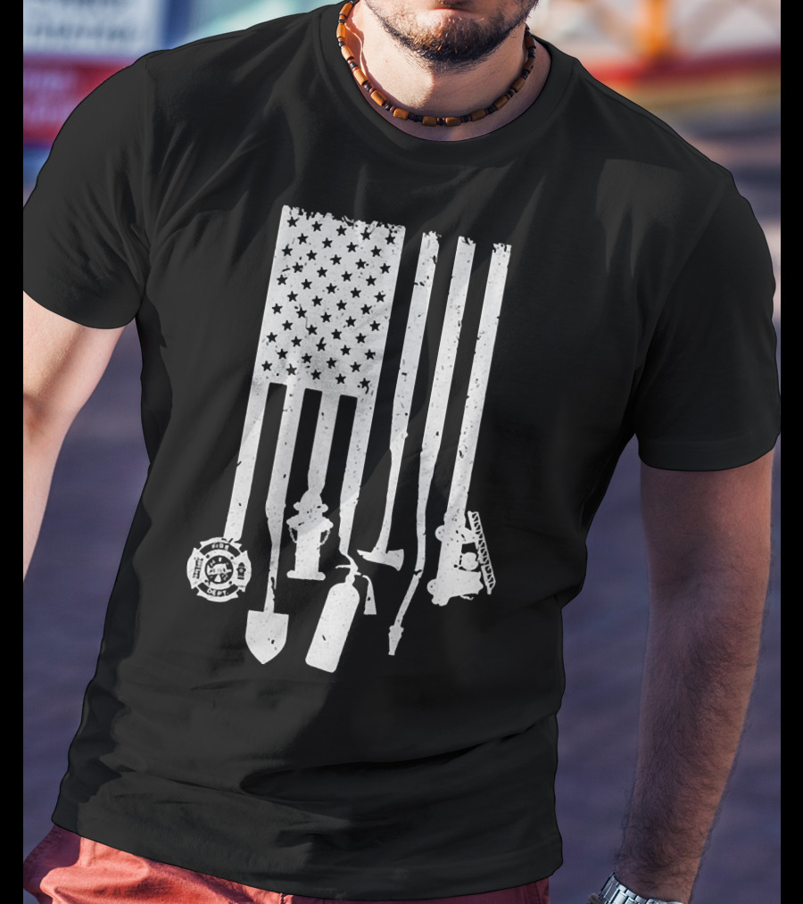 American Flag With Firefighter Tools And Veteran Badge Elements T-Shirt