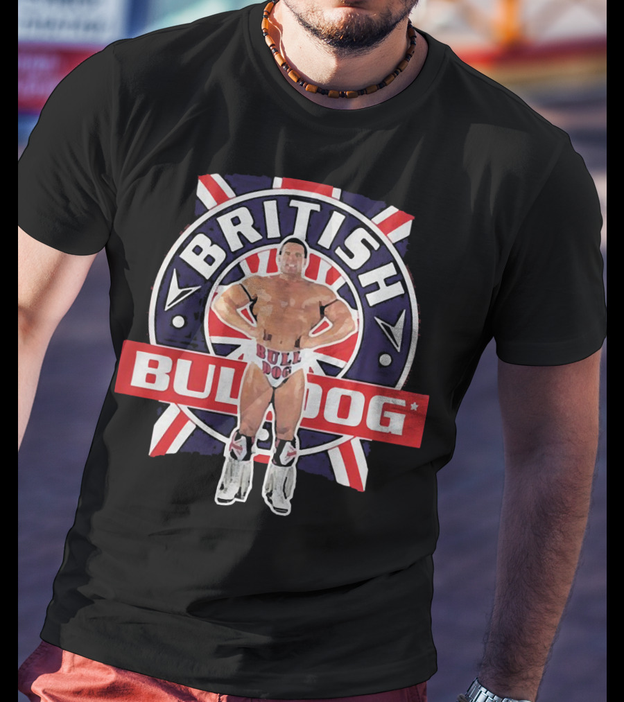 British Bulldog Wrestler With Union Jack Background T-Shirt