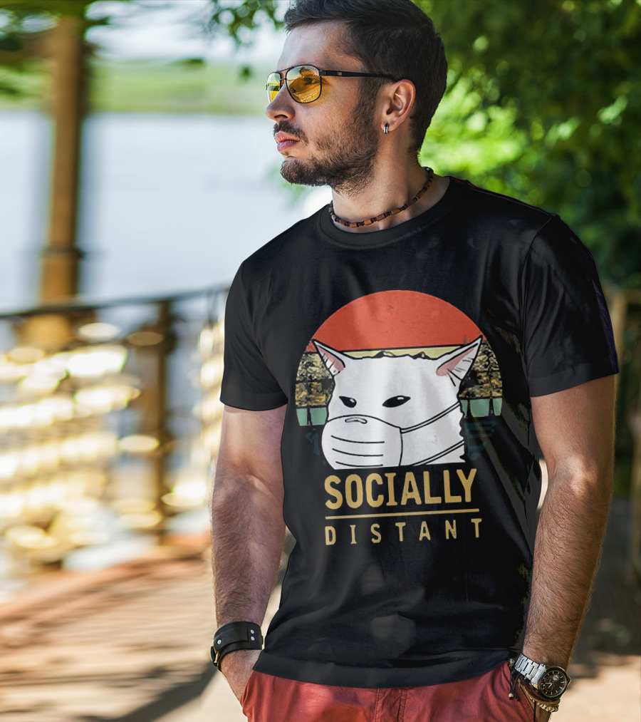 Socially Distant Cat White Masked Sunset T-Shirt