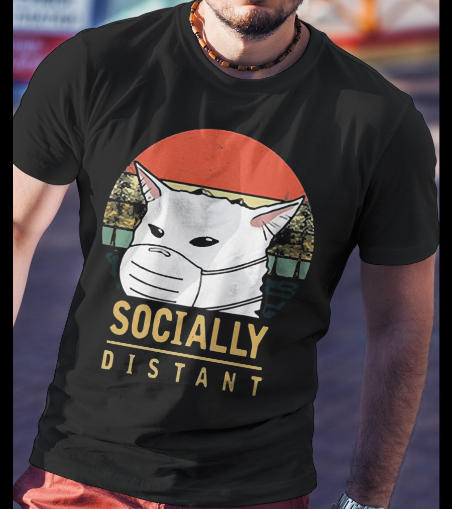 Socially Distant Cat White Masked Sunset T-Shirt
