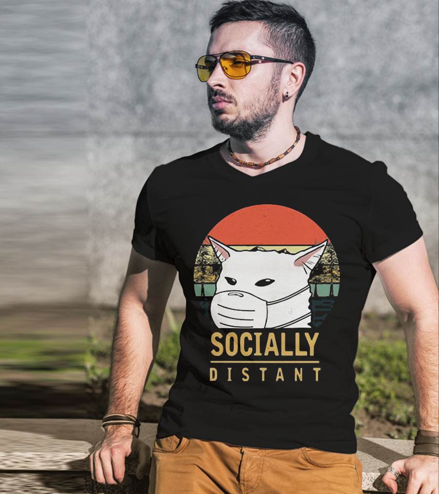 Socially Distant Cat White Masked Sunset T-Shirt