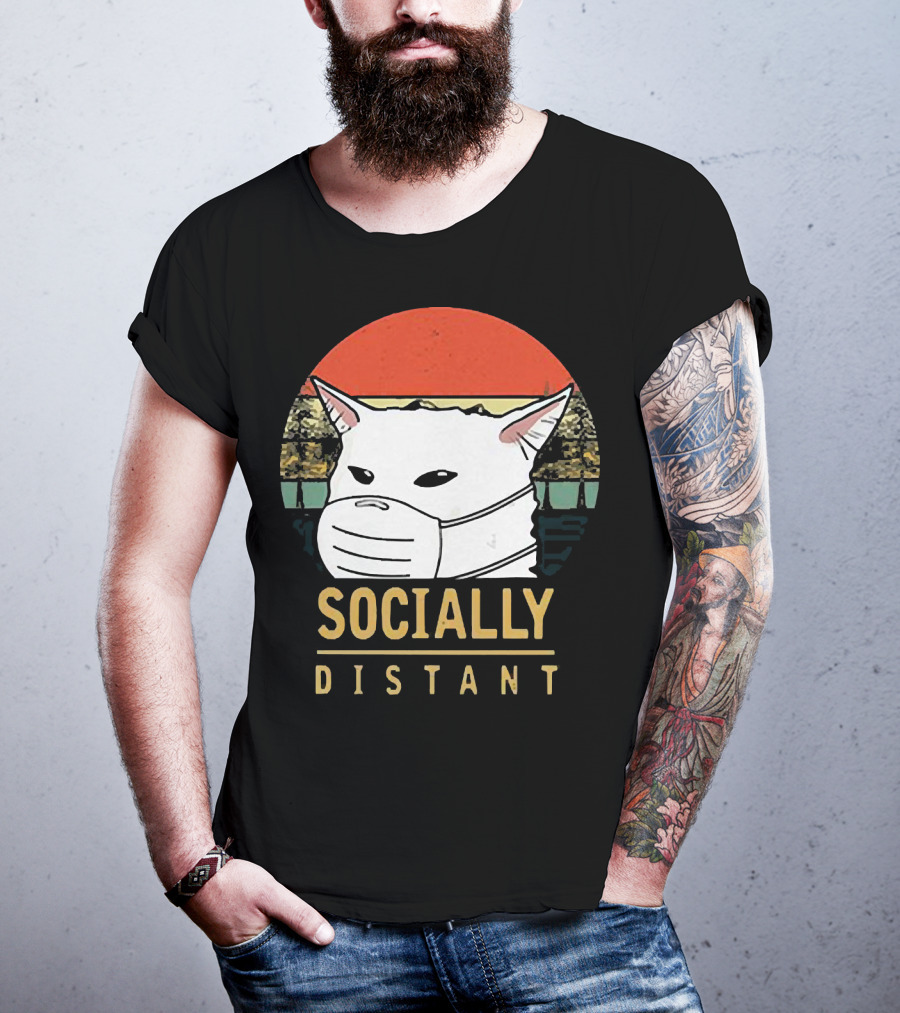 Socially Distant Cat White Masked Sunset T-Shirt