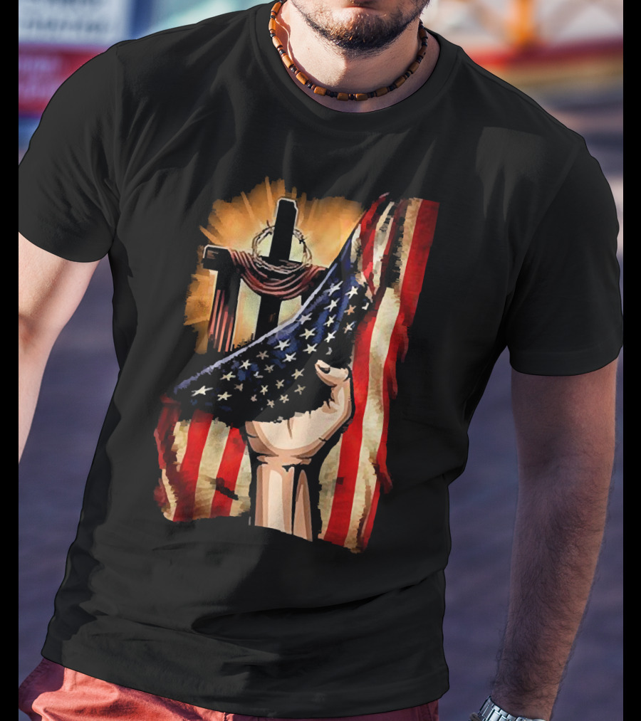 Jesus God American Flag Cross And Hand Inside Me T-Shirt