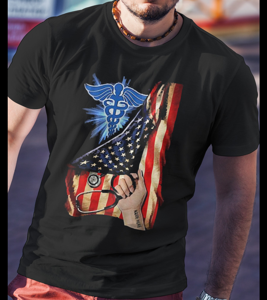 Nurse America Flag Caduceus Tattoo Stethoscope T-Shirt